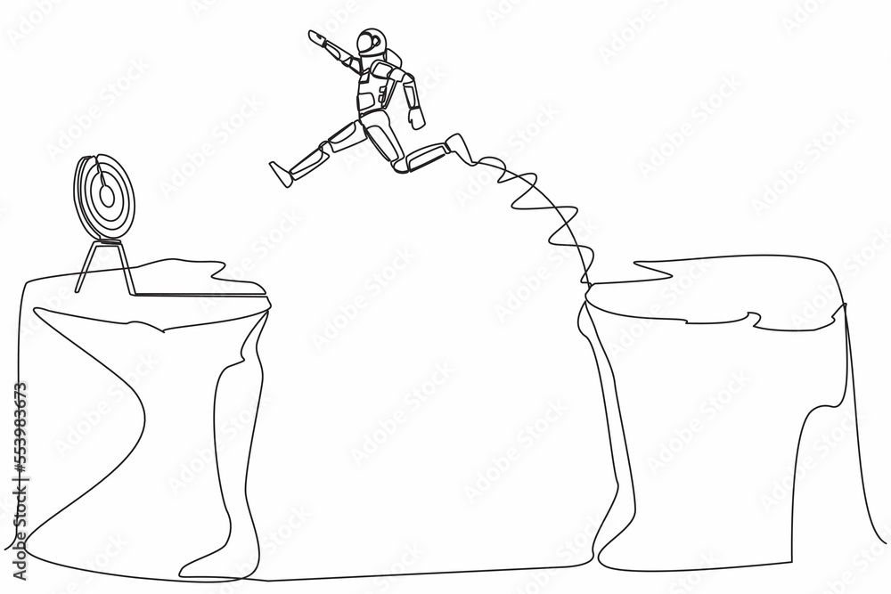 Single one line drawing young astronaut jumping over cliff to reach target. Success move while taking risk in cosmic expedition. Cosmic galaxy space. Continuous line graphic design vector illustration Single one line drawing young astronaut jumping over cliff to reach target. Success move while taking risk in cosmic expedition. Cosmic galaxy space. Continuous line graphic design vector illustration