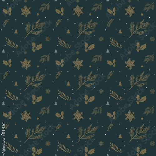 Christmas seamless pattern on dark green color background