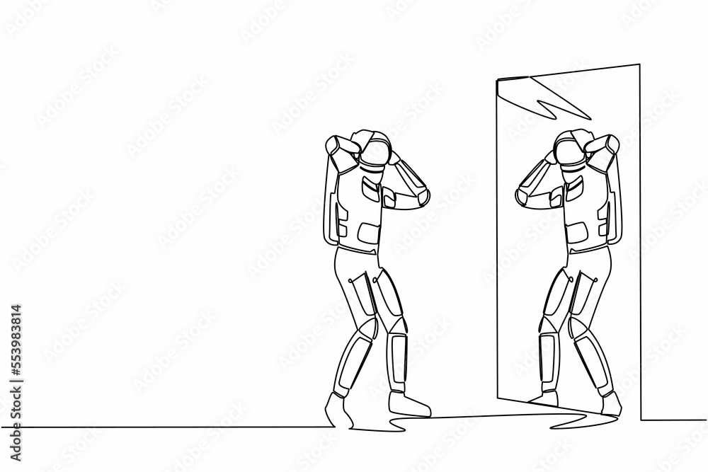 Fototapeta premium Single one line drawing frustrated astronaut see himself failure in mirror. Mental health problems. Anxiety in cosmic exploration. Cosmic galaxy space. Continuous line draw design vector illustration