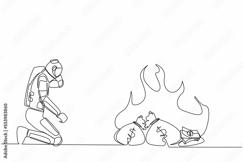 Continuous one line drawing astronaut kneeling and watching money bag burning up. Global financial crisis impacted space industry. Cosmonaut outer space. Single line graphic design vector illustration