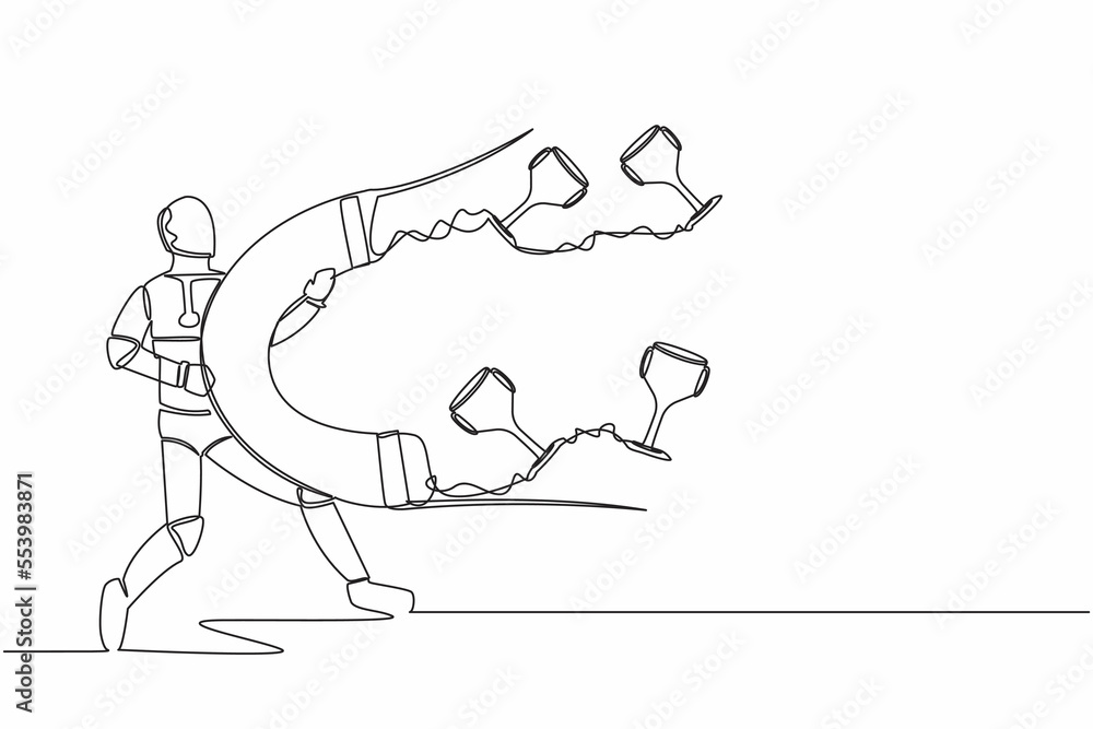 Continuous one line drawing of robot attracting many trophy with huge magnet. Achievement tech business goals. Humanoid cybernetic organism. Robotic development. Single line design vector illustration Continuous one line drawing of robot attracting many trophy with huge magnet. Achievement tech business goals. Humanoid cybernetic organism. Robotic development. Single line design vector illustration