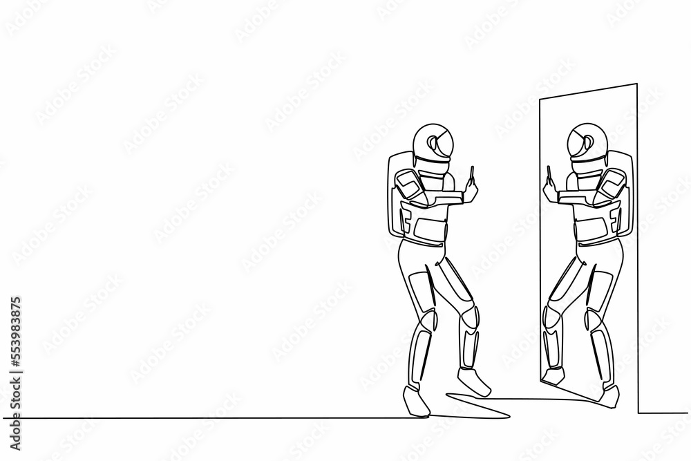 Single continuous line drawing astronaut in spacesuit taking selfie in front of mirror. Addiction on smartphone and internet satellite. Cosmonaut deep space. One line draw design vector illustration