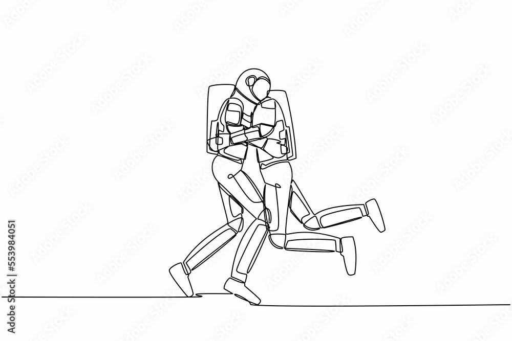 Continuous one line drawing young astronaut jumps and hugs his friend. Happiness between two friends. Reunion after years apart. Cosmonaut outer space. Single line graphic design vector illustration Continuous one line drawing young astronaut jumps and hugs his friend. Happiness between two friends. Reunion after years apart. Cosmonaut outer space. Single line graphic design vector illustration