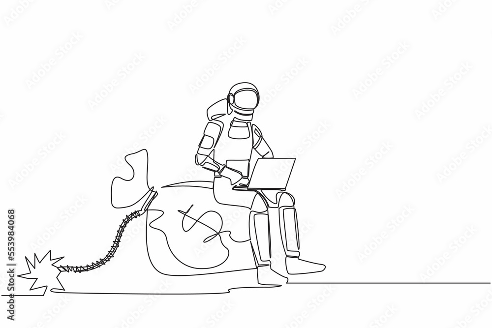 Continuous one line drawing of astronaut sitting and typing laptop on huge bomb money bag with burning fuse. Deadline to finish spaceship funding. Cosmonaut outer space. Single line draw design vector Continuous one line drawing of astronaut sitting and typing laptop on huge bomb money bag with burning fuse. Deadline to finish spaceship funding. Cosmonaut outer space. Single line draw design vector