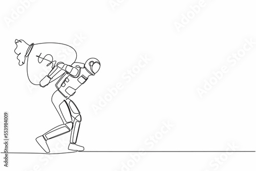 Single continuous line drawing young astronaut carrying heavy money bag on his back in moon surface. Get big profit from space industry. Cosmonaut deep space. One line draw design vector illustration