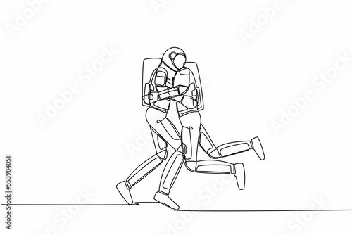 Fototapeta Naklejka Na Ścianę i Meble -  Continuous one line drawing young astronaut jumps and hugs his friend. Happiness between two friends. Reunion after years apart. Cosmonaut outer space. Single line graphic design vector illustration