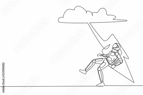 Single continuous line drawing young astronaut struck by lightning from dark cloud. Bad luck, misery, disaster in spacewalk discovery. Cosmonaut deep space. One line graphic design vector illustration
