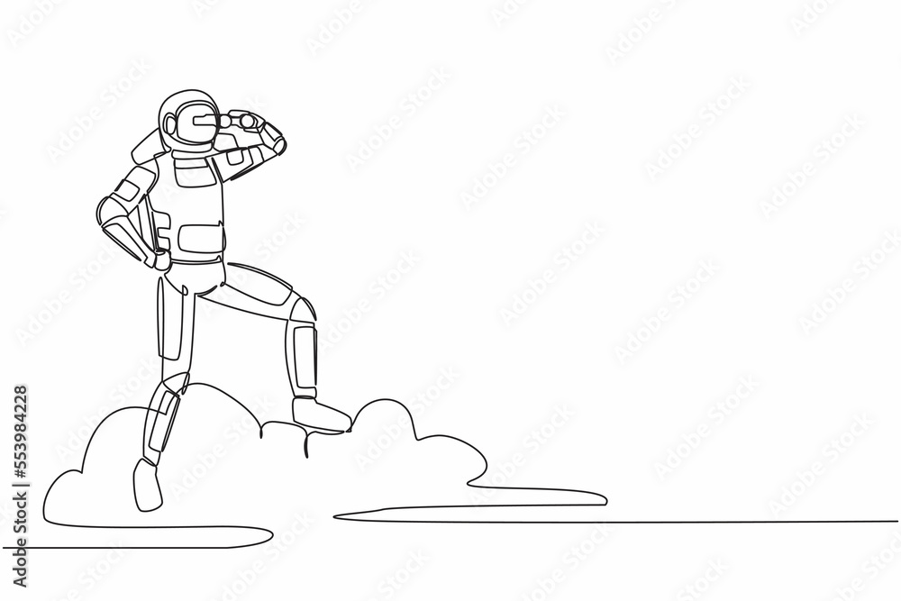 Fototapeta premium Single one line drawing young astronaut on cloud holding binocular to search for spaceship business innovation projection. Cosmic galaxy space. Continuous line draw graphic design vector illustration