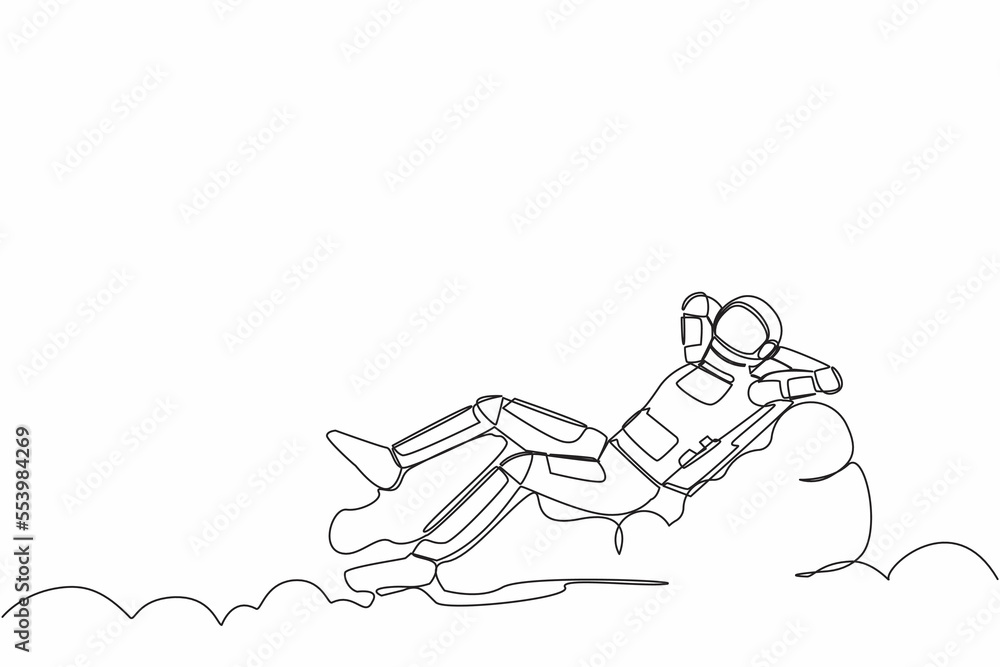 Fototapeta premium Single continuous line drawing of young astronaut relaxing laying on clouds after wormhole exploration. Future technology development. Cosmonaut deep space. One line graphic design vector illustration