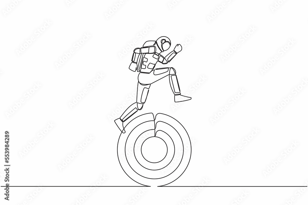 Single continuous line drawing astronaut running on target board in moon surface. Move forward in spaceship tech for galactic expedition. Cosmonaut deep space. One line draw design vector illustration Single continuous line drawing astronaut running on target board in moon surface. Move forward in spaceship tech for galactic expedition. Cosmonaut deep space. One line draw design vector illustration