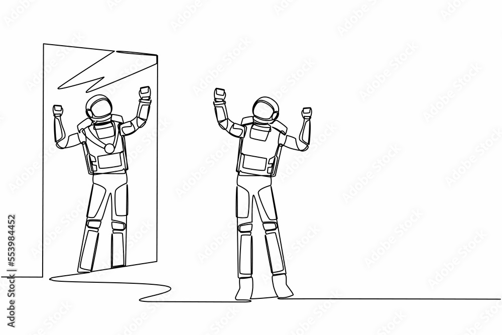 Single one line drawing astronaut looking at mirror and seeing in reflection of himself with gold medal. Winning space competition. Cosmic galaxy space. Continuous line draw design vector illustration