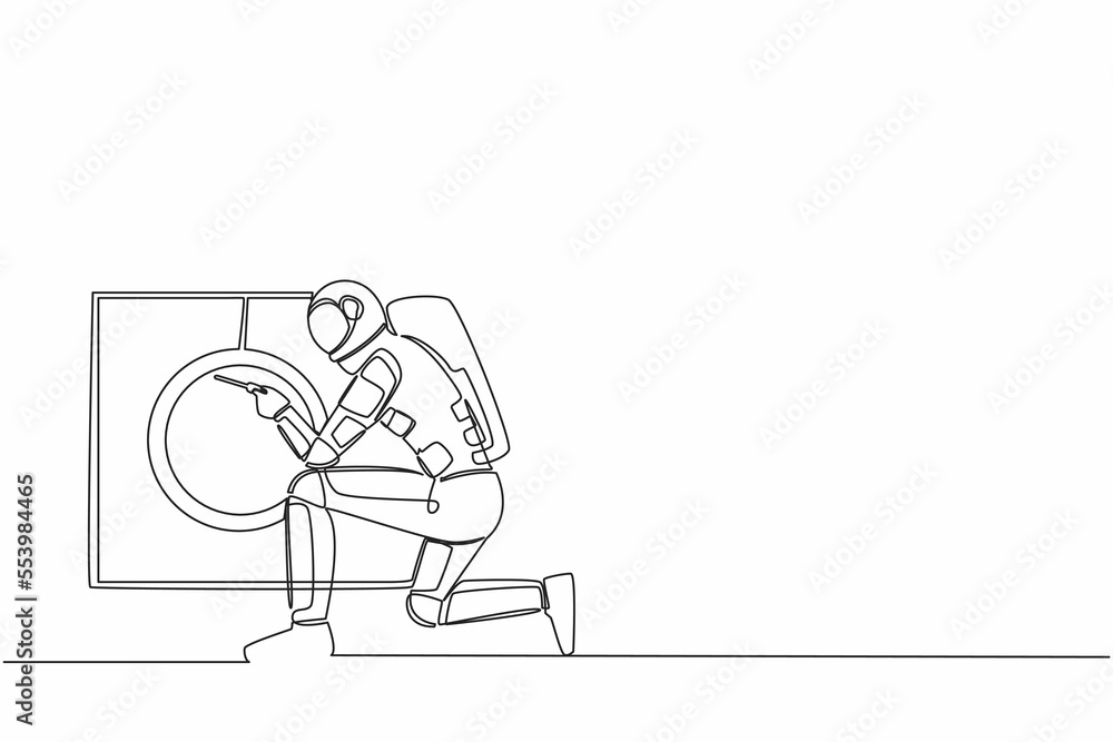 Single continuous line drawing of young astronaut fixing washing machine at home in moon surface. Future space technology development. Cosmonaut deep space. One line graphic design vector illustration Single continuous line drawing of young astronaut fixing washing machine at home in moon surface. Future space technology development. Cosmonaut deep space. One line graphic design vector illustration
