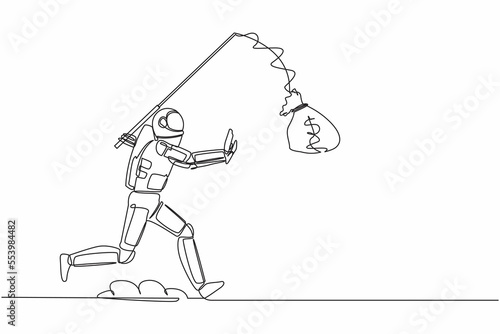Single continuous line drawing astronaut chasing bait of money bag from himself. Foolishness and stupidity in spaceship company funding. Cosmonaut deep space. One line draw design vector illustration