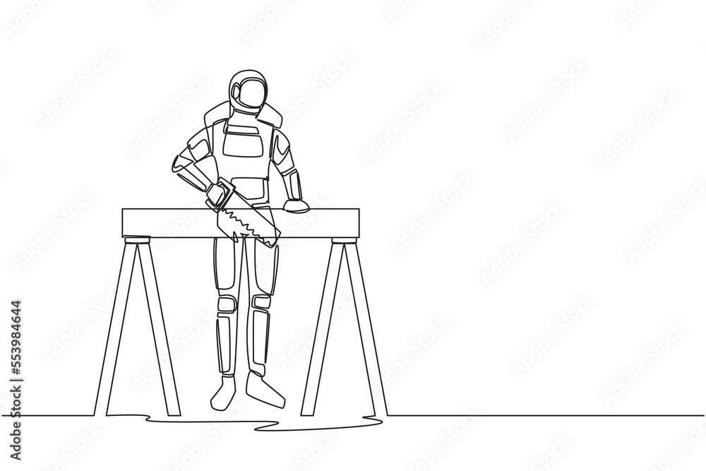 Continuous one line drawing astronaut builder or carpenter sawing wooden boards. Spaceman ability to repair operating system. Cosmonaut outer space. Single line draw graphic design vector illustration Continuous one line drawing astronaut builder or carpenter sawing wooden boards. Spaceman ability to repair operating system. Cosmonaut outer space. Single line draw graphic design vector illustration