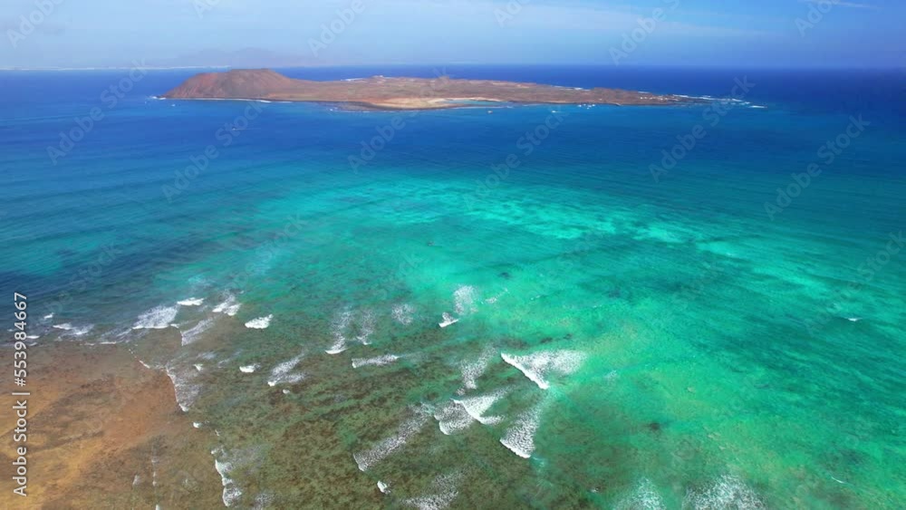 Corralejo beach and view of Lobos island. aerial drone video .Fuerteventura Canary islands of Spain Corralejo beach and view of Lobos island. aerial drone video .Fuerteventura Canary islands of Spain