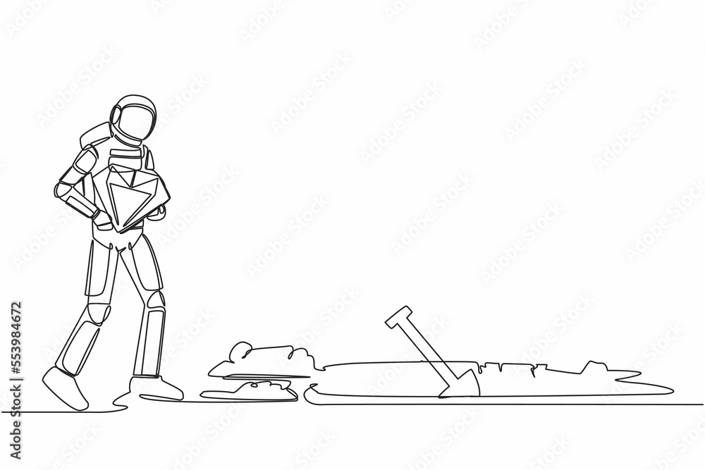 Single continuous line drawing astronaut walking and holding big diamond to digging hole in moon surface. Successful space expedition. Cosmonaut deep space. One line graphic design vector illustration