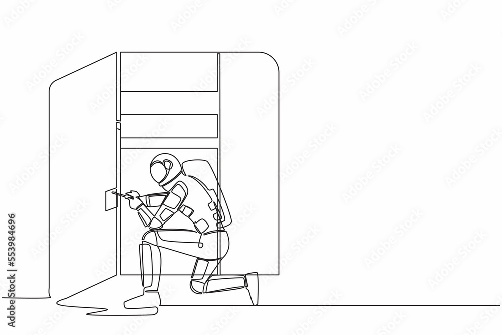 Single continuous line drawing young astronaut carpenter assembling of wardrobe or cabinet with shelves. Future home decoration. Cosmonaut deep space. One line draw graphic design vector illustration Single continuous line drawing young astronaut carpenter assembling of wardrobe or cabinet with shelves. Future home decoration. Cosmonaut deep space. One line draw graphic design vector illustration