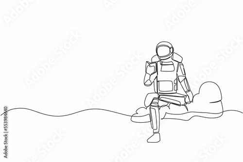 Continuous one line drawing young astronaut sitting on cloud reading book. Study literature or research in wormhole exploration. Cosmonaut outer space. Single line graphic design vector illustration