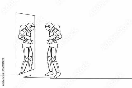 Single continuous line drawing astronaut standing front of mirror and see himself getting big belly and fix his belt. Obesity spaceman. Cosmonaut deep space. One line draw design vector illustration