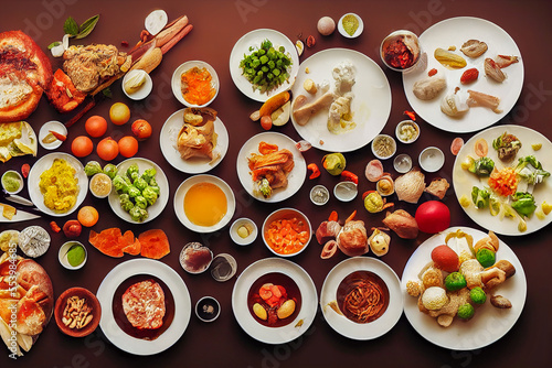 table filled with various types of food , generative ai illustration 