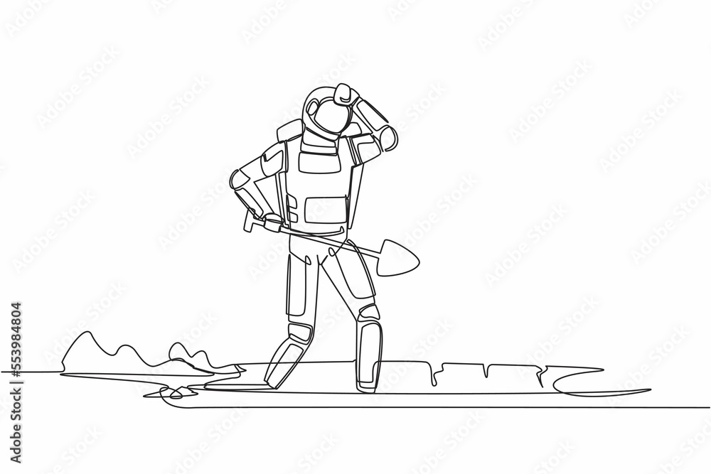 Continuous one line drawing young astronaut wipes sweat on his forehead while digging hole. Spaceman never give up on duty. Cosmonaut outer space. Single line draw graphic design vector illustration