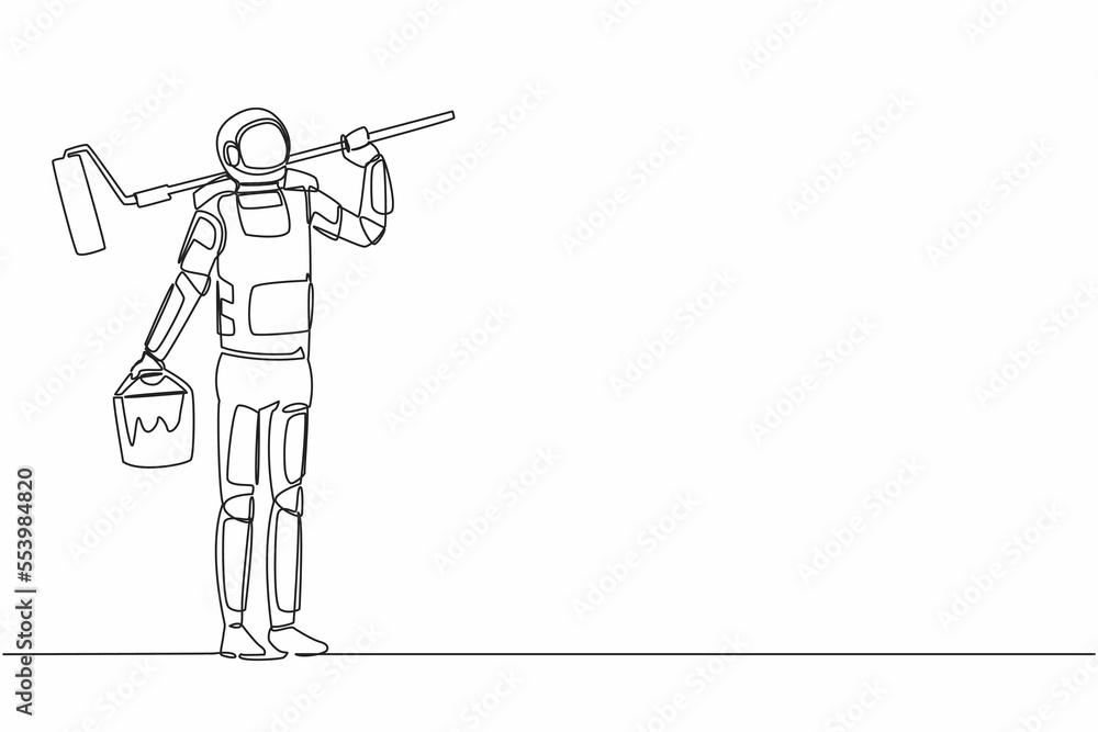 Obraz premium Continuous one line drawing astronaut painter standing with bucket of paint and paint roller. Future space technology development. Cosmonaut outer space. Single line graphic design vector illustration