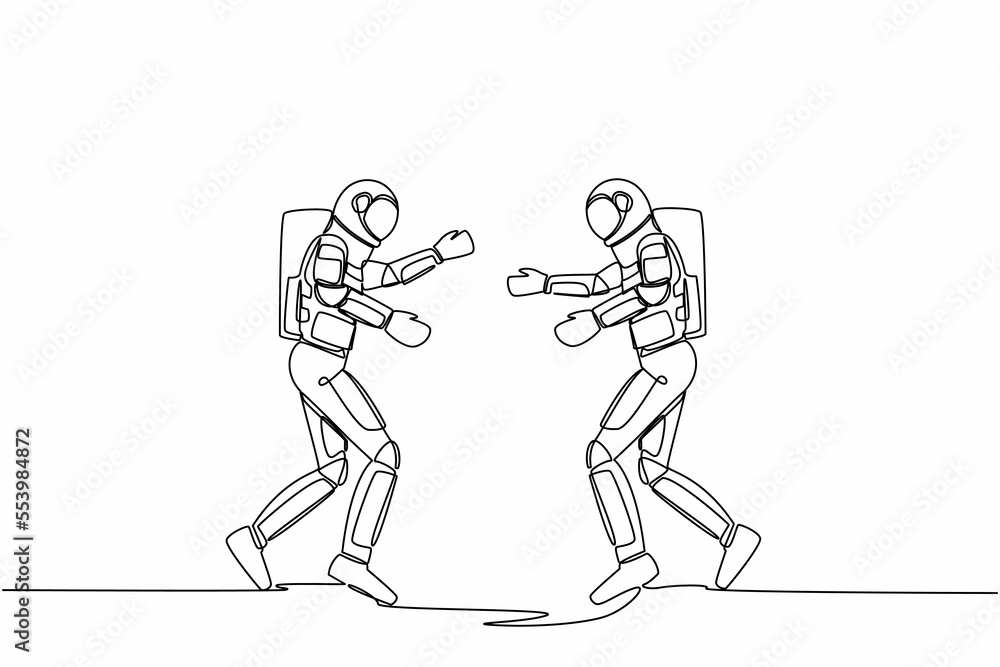 Obraz premium Single one line drawing two young astronaut running face to face while getting ready to hug. Break a happiness between two friends. Cosmic galaxy space. Continuous line draw design vector illustration