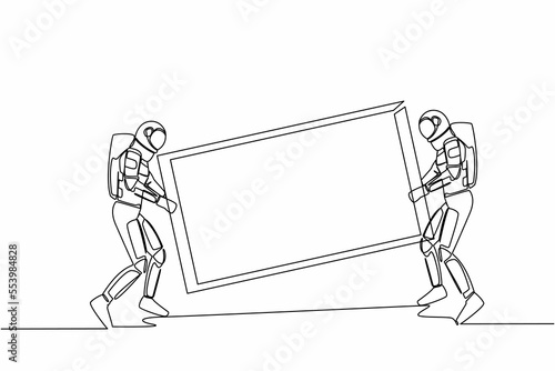 Single one line drawing two astronaut carrying big mirror to new space office. Spaceman with furniture in building hall in moon surface. Cosmic galaxy space. Continuous line design vector illustration