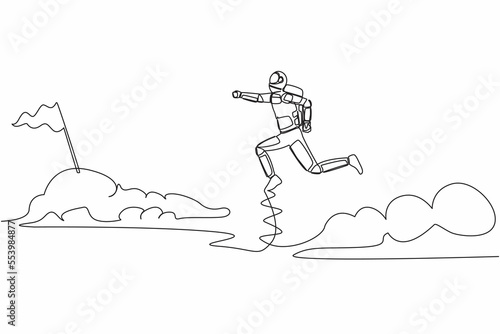 Single one line drawing astronaut jump over clouds to reach success, target, flag. Taking risk spaceship business project. Cosmic galaxy space. Continuous line draw graphic design vector illustration