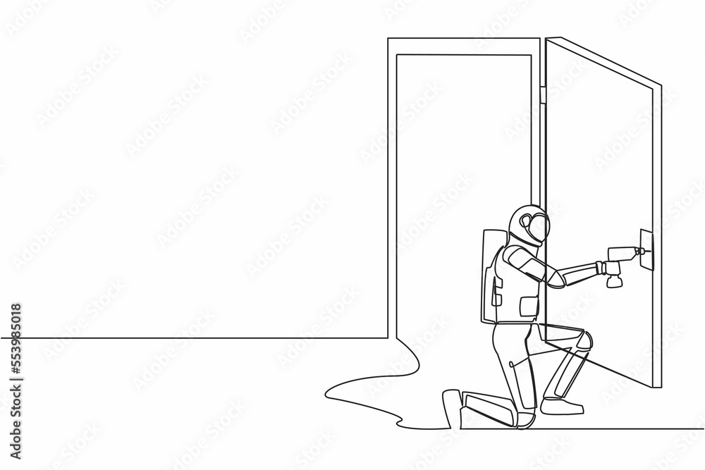 Continuous one line drawing astronaut with drill, repair door element. Future house decoration. Home reparation in moon surface. Cosmonaut outer space. Single line graphic design vector illustration Continuous one line drawing astronaut with drill, repair door element. Future house decoration. Home reparation in moon surface. Cosmonaut outer space. Single line graphic design vector illustration