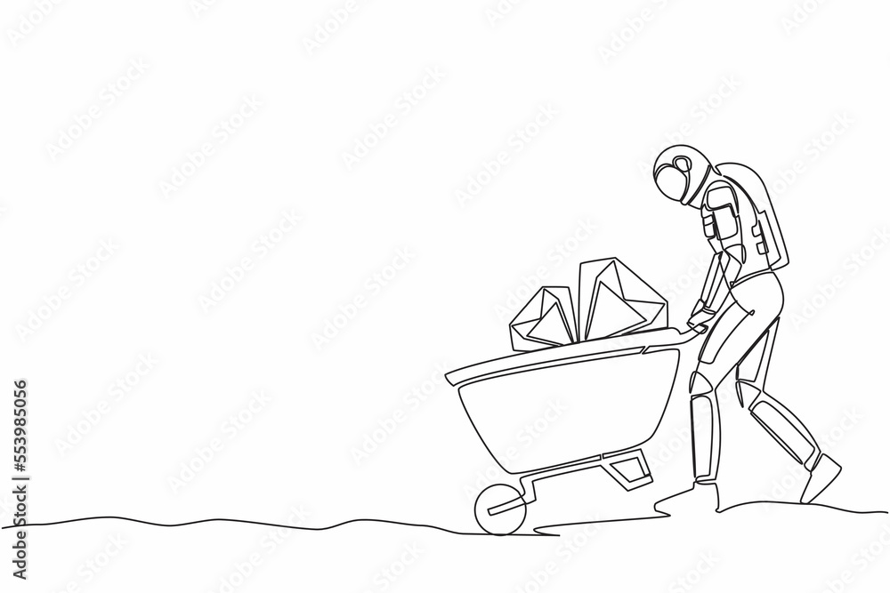 Single one line drawing astronaut pushing cart full of diamonds in moon surface. Wheelbarrow with gold, jewelry, precious stone. Cosmic galaxy space. Continuous line graphic design vector illustration Single one line drawing astronaut pushing cart full of diamonds in moon surface. Wheelbarrow with gold, jewelry, precious stone. Cosmic galaxy space. Continuous line graphic design vector illustration