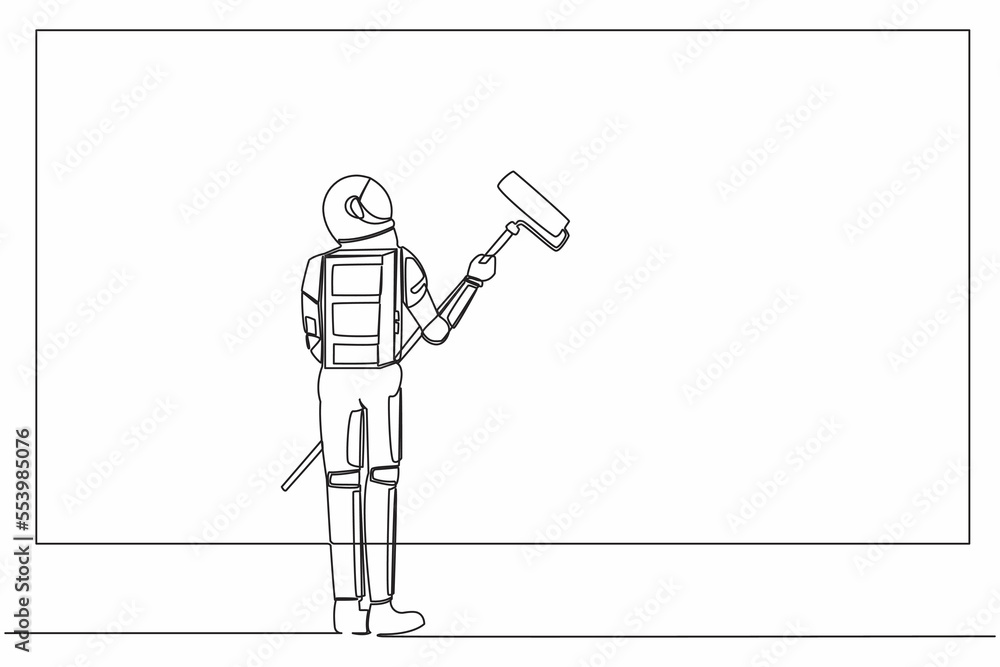 Single continuous line drawing astronaut holding paintbrush roller and painting wall. Future home decoration. House renovation. Cosmonaut deep space. One line draw graphic design vector illustration Single continuous line drawing astronaut holding paintbrush roller and painting wall. Future home decoration. House renovation. Cosmonaut deep space. One line draw graphic design vector illustration