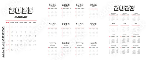 Calendar template for 2023 with week start on Sunday
Minimal design, Set of 12 calendar, printing vector calendar