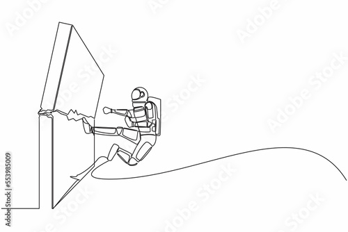 Single one line drawing young astronaut doing kungfu or karate flying kick to destroy brick wall. Success in space exploration. Cosmic galaxy space. Continuous line graphic design vector illustration