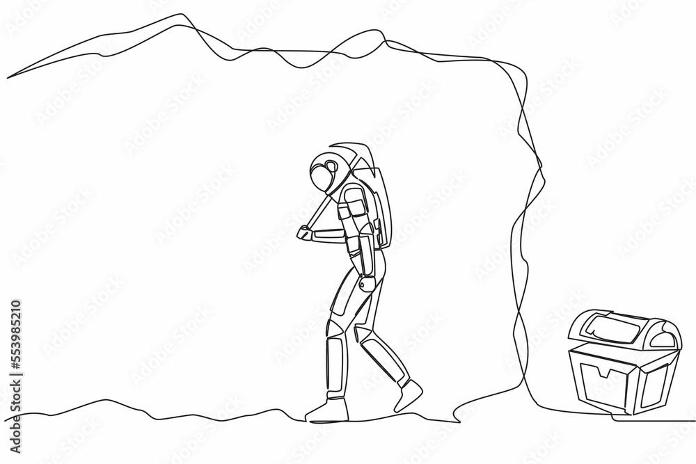 Continuous one line drawing young astronaut stop trying and give up digging. Not knowing treasure chest is almost revealed. Cosmonaut outer space. Single line draw graphic design vector illustration Continuous one line drawing young astronaut stop trying and give up digging. Not knowing treasure chest is almost revealed. Cosmonaut outer space. Single line draw graphic design vector illustration