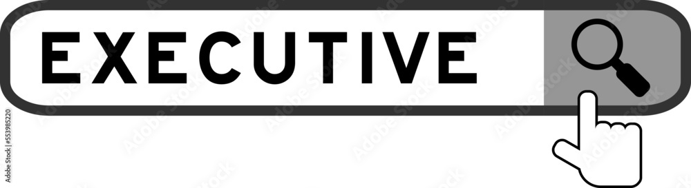 Search banner in word executive with hand over magnifier icon on white background Search banner in word executive with hand over magnifier icon on white background