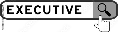 Search banner in word executive with hand over magnifier icon on white background