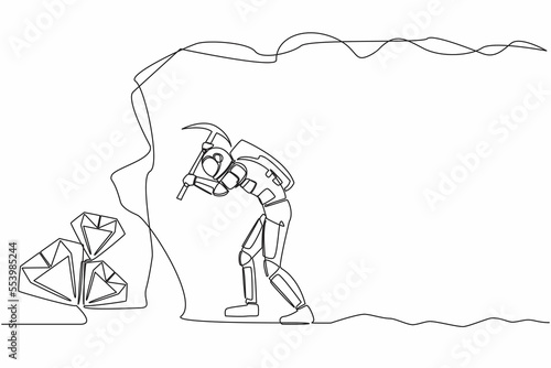 Single continuous line drawing of young astronaut digging with pickaxe in moon underground tunnel to get diamond. Cosmonaut deep space concept. Dynamic one line draw graphic design vector illustration