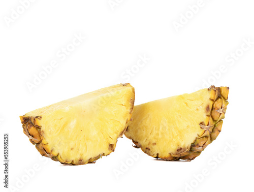 Two slices of ripe pineapple on a white background.