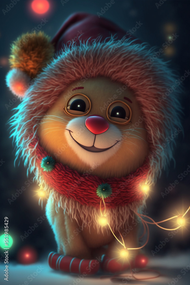 Obraz premium Lion with santa hat in christmas day, a small cute lion in Christmas sweater