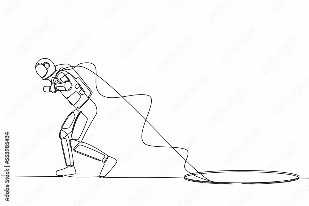 Continuous one line drawing astronaut trying hard pulling rope to drag something from hole, facing space exploration problem. Cosmonaut outer space. Single line draw graphic design vector illustration