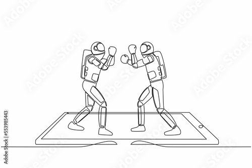 Single continuous line drawing boxing ring with two astronaut boxers on smartphone screen. Boxing fight duel during match, mobile app. Cosmonaut deep space. One line graphic design vector illustration