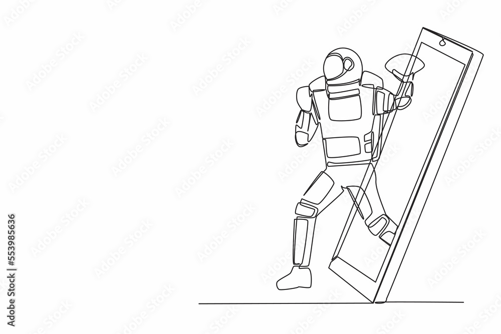 Single one line drawing of american football astronaut player running getting out of smartphone screen. Cosmic galaxy space. Online game mobile app. Continuous line graphic design vector illustration