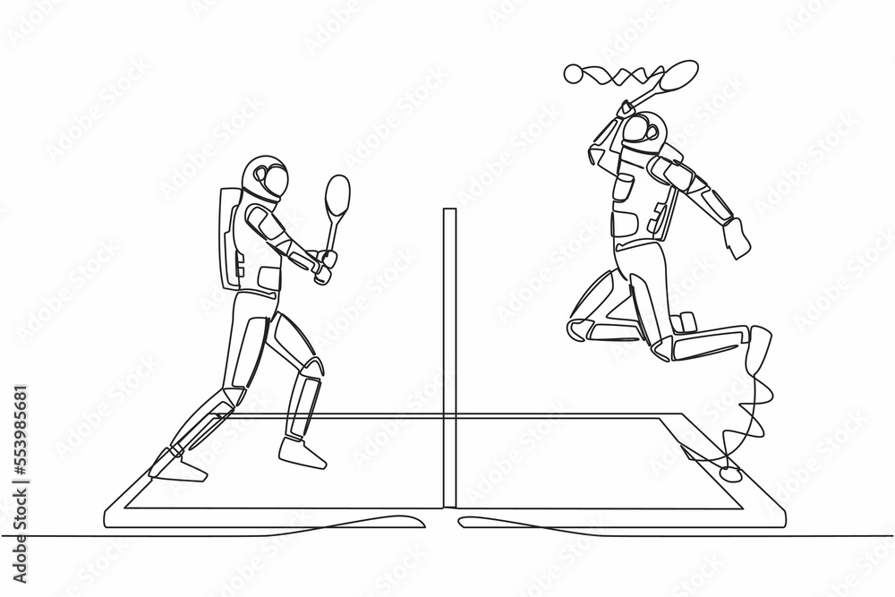Obraz premium Single one line drawing of digital tennis court with two astronaut players on smartphone screen. Professional online sports competition. Cosmic galaxy space. Continuous line design vector illustration