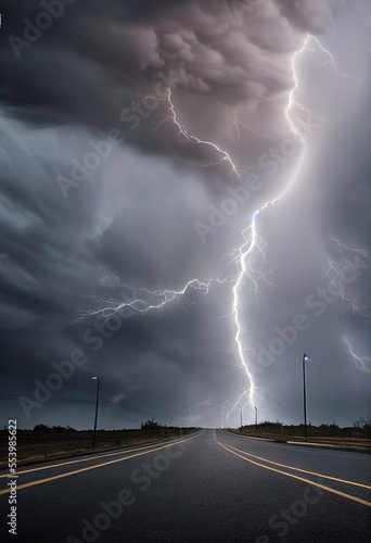 Stormy lightning sky. Electric storm. Highway with a stormy lightning and thunder storm. Rainy and gray sky.