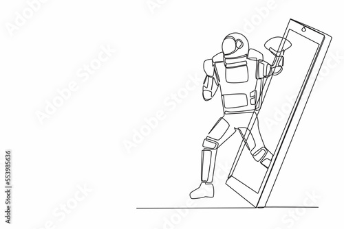 Single one line drawing of american football astronaut player running getting out of smartphone screen. Cosmic galaxy space. Online game mobile app. Continuous line graphic design vector illustration