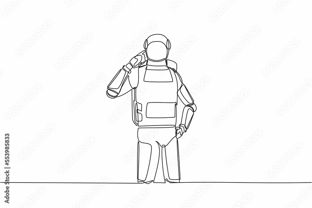Single one line drawing young astronaut standing with pointing his head, thinking something. Feeling optimistic, visionary. Cosmic galaxy space. Continuous line draw graphic design vector illustration Single one line drawing young astronaut standing with pointing his head, thinking something. Feeling optimistic, visionary. Cosmic galaxy space. Continuous line draw graphic design vector illustration