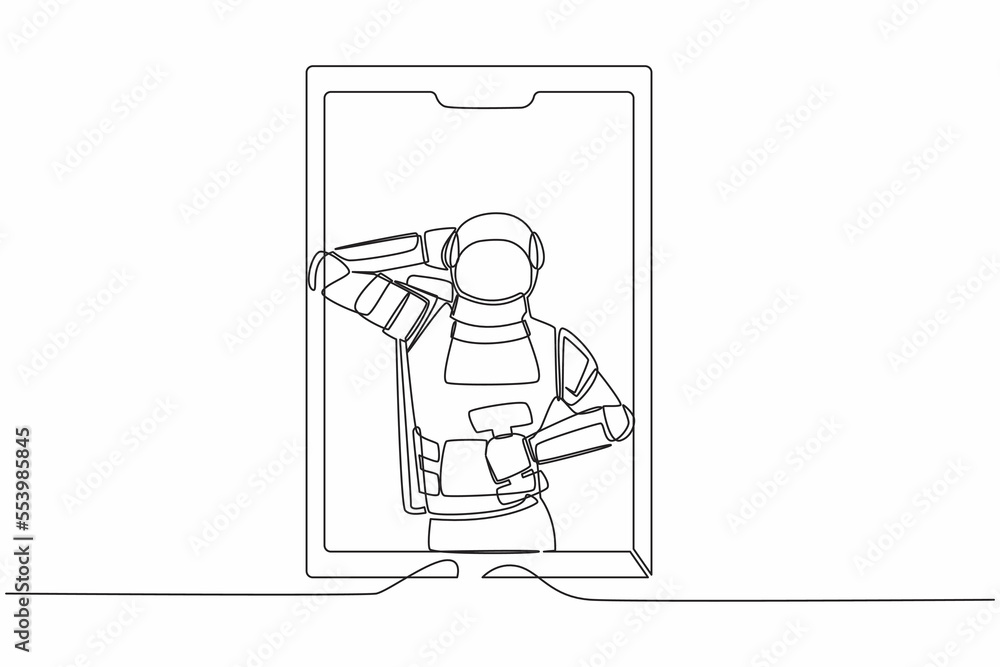 Continuous one line drawing astronaut online fitness trainer. Spaceman with dumbbells on phone screen. Training via Internet video call. Cosmonaut outer space. Single line design vector illustration Continuous one line drawing astronaut online fitness trainer. Spaceman with dumbbells on phone screen. Training via Internet video call. Cosmonaut outer space. Single line design vector illustration