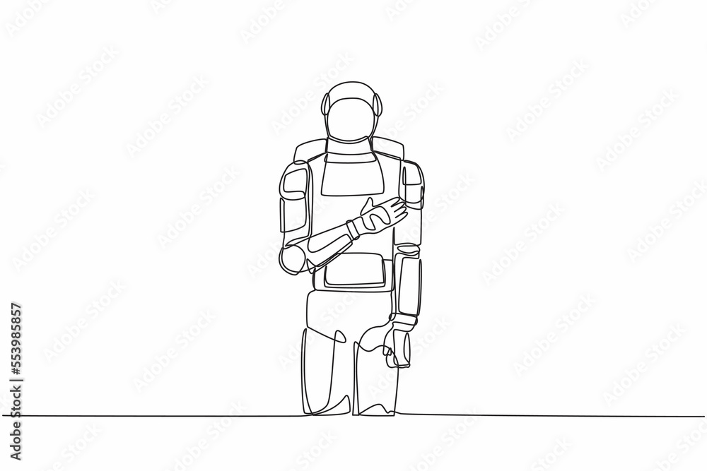 Continuous one line drawing young astronaut standing with keeping hands on chest. Friendly expressing gratitude. Future technology. Cosmonaut outer space. Single line draw design vector illustration