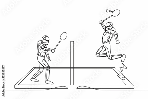 Single one line drawing badminton court with two astronaut players hitting shuttlecock with their racquets on smartphone screen. Cosmic galaxy space concept. Continuous line design vector illustration